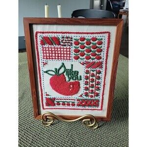Vintage Framed 10.5" x 8.75" Crewel Needlework "I Like You" 7.5 X 9.5 art Apple